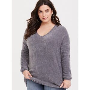 Torrid Size 1X Gray Eyelash Knit Drop Shoulder Pullover V-Neck Tunic Sweater